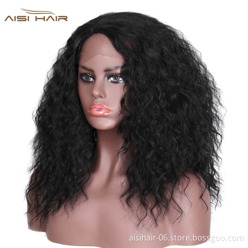 Aisi Hair Wholesale Hot Selling Shoulder Length Fluffy Curly Fiber Pre Plucked Synthetic Hair For Black Women Lace Front Wig